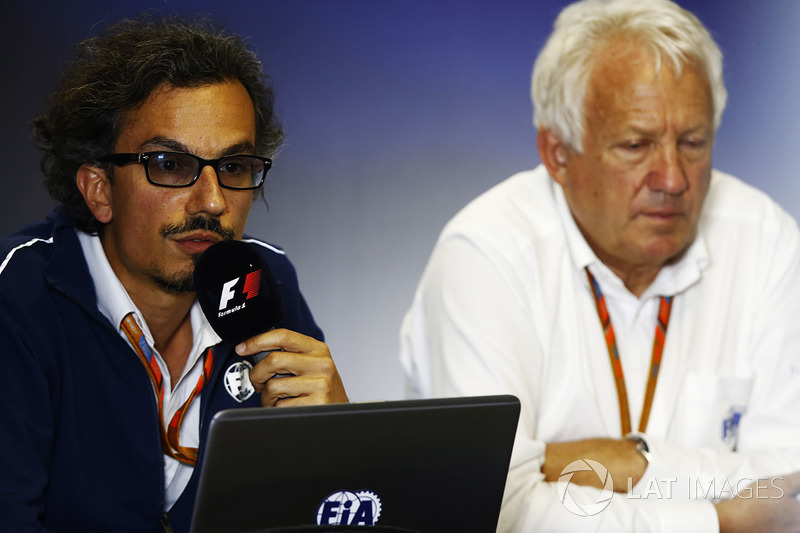 Laurent Mekies, F1 Deputy Race Director, FIA, Charlie Whiting, FIA Race Director, host a press conference about the introduction of the halo