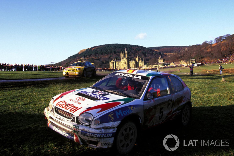 The Toyota Corolla of Carlos Sainz, Luis Moya after failing within yards of the finishing line in Margam Park losing them the 1998 World Rally Championship