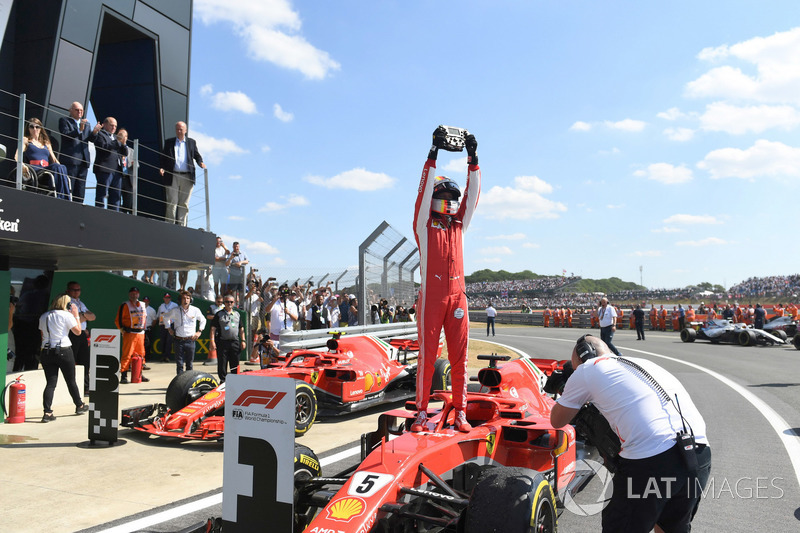 Sebastian Vettel, Ferrari SF71H, celebrates in Parc Ferme