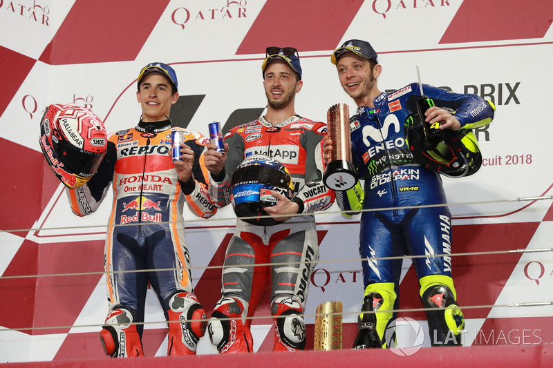 Podium: segundo, Marc Marquez, Repsol Honda Team, ganador, Andrea Dovizioso, Ducati Team, tercero,  Valentino Rossi, Yamaha Factory Racing, Qatar MotoGP 2018