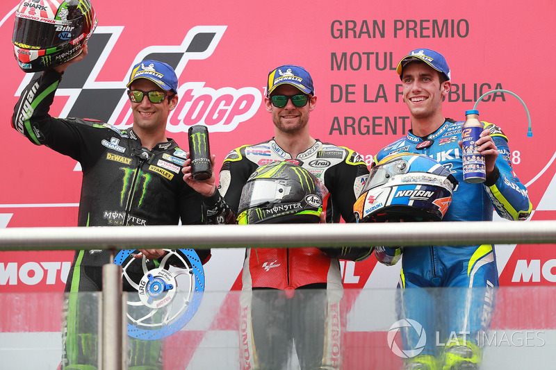 Podium: P1 Cal Crutchlow, Team LCR Honda, P2 Johann Zarco, Monster Yamaha Tech 3, P3 Alex Rins, Team Suzuki MotoGP