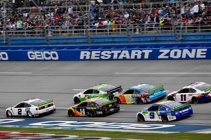  Brad Keselowski, Team Penske, Ford Mustang Miller Lite,  Clint Bowyer, Stewart-Haas Racing, Ford Mustang Rush / Mobil Delvac 1,  Kyle Busch, Joe Gibbs Racing, Toyota Camry M&M's Hazelnut, and  Chase Elliott, Hendrick Motorsports, Chevrolet Camaro NAPA Night Vision