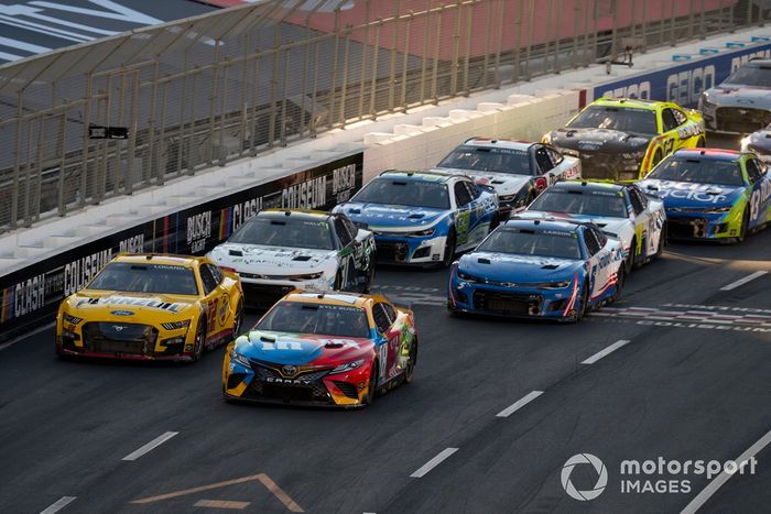 Kyle Busch, Joe Gibbs Racing, Toyota Camry M&M's, Joey Logano, Team Penske, Ford Mustang Shell Pennzoil, Kyle Larson, Hendrick Motorsports, Chevrolet Camaro HendrickCars.com, Justin Haley, Kaulig Racing, Chevrolet Camaro LeafFilter Gutter Protection, Daniel Suarez, TrackHouse Racing, Chevrolet Camaro Freeway Insurance.. William Byron, Hendrick Motorsports, Chevrolet Camaro Valvoline, Austin Dillon, Richard Childress Racing, Chevrolet Camaro True Velocity, Erik Jones, Petty GMS, Chevrolet Camaro FOCUSfactor