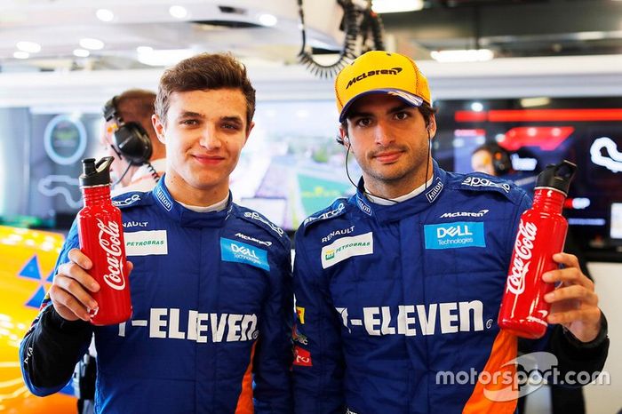Lando Norris, McLaren, Carlos Sainz Jr., McLaren with Coca-Cola bottles