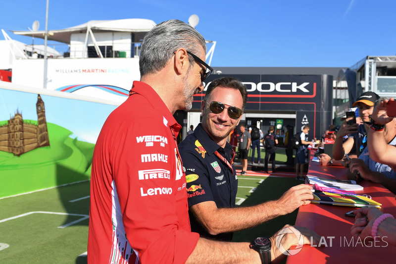 Christian Horner, Red Bull Racing Team Principal and Maurizio Arrivabene, Ferrari Team Principal with fans