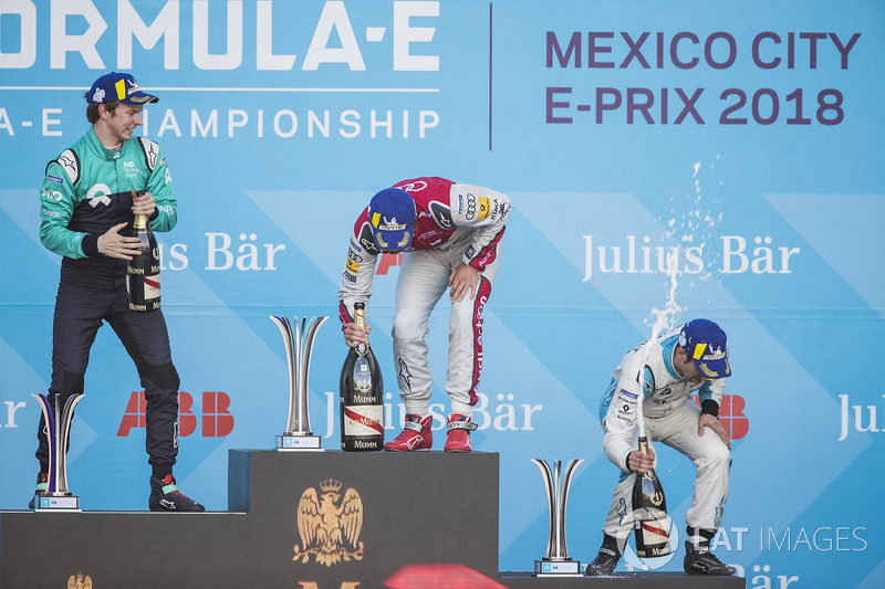 Daniel Abt, Audi Sport ABT Schaeffler, celebrates on the podium after winning the race with Oliver Turvey, NIO Formula E Team, Sébastien Buemi, Renault e.Dams