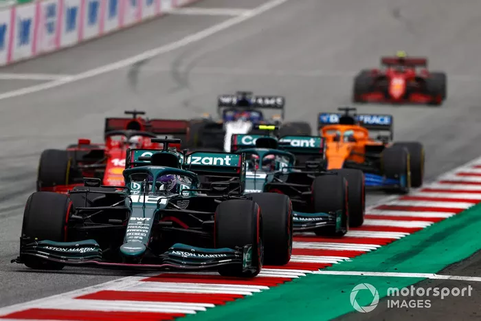 Lance Stroll, Aston Martin AMR21, Charles Leclerc, Ferrari SF21, Sebastian Vettel, Aston Martin AMR21, Daniel Ricciardo, McLaren MCL35M, George Russell, Williams FW43B