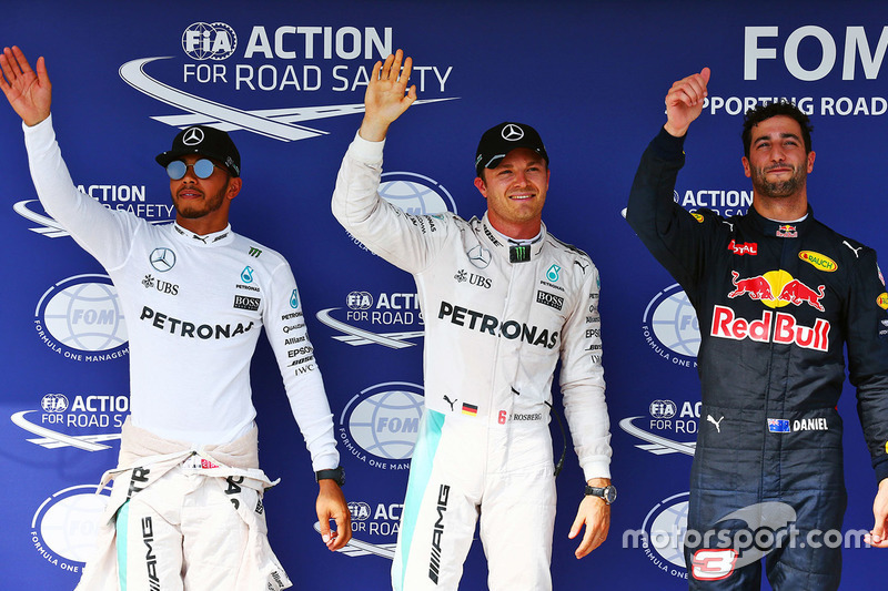 Polesitter Nico Rosberg, Mercedes AMG F1, 2. Platz Lewis Hamilton, Mercedes AMG F1, 3. Platz Daniel Ricciardo, Red Bull Racing