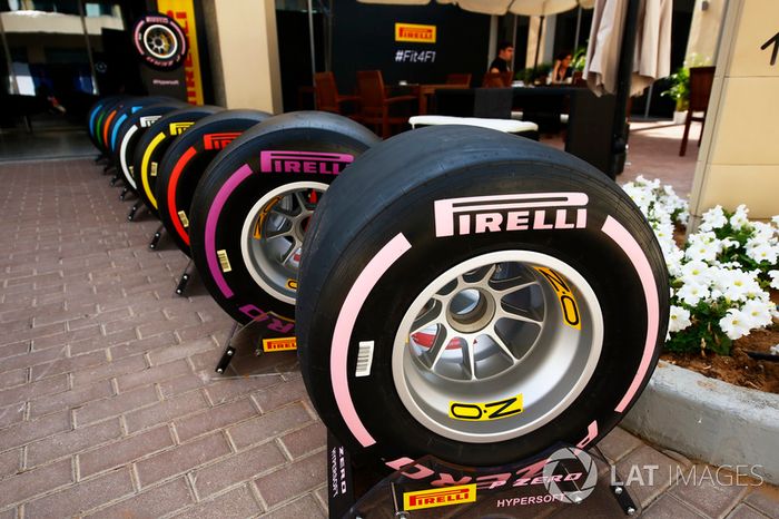 The new 2018 range of Pirelli F1 tyres, the pink Hypersoft tyre at the front