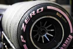 Pink side-walled Pirelli hyper soft tyre detail