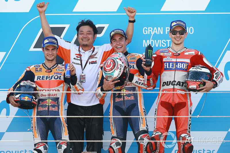 Ganador, Marc Márquez, Repsol Honda Team, segundo, Dani Pedrosa, Repsol Honda Team, tercero, Jorge L