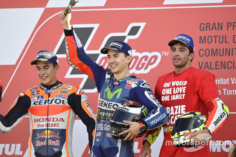 Podium: ganador, Jorge Lorenzo, Yamaha Factory Racing, segundo, Marc Márquez, Repsol Honda Team, ter