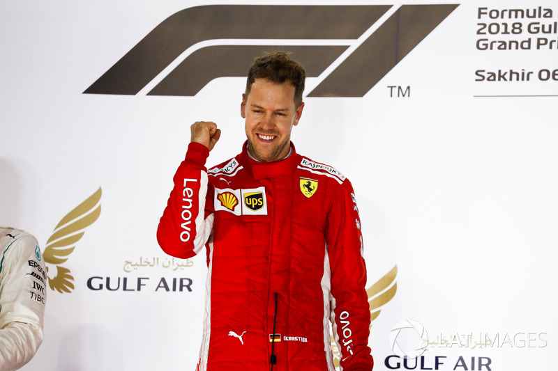 Sebastian Vettel, Ferrari, 1st position, celebrates on the podium