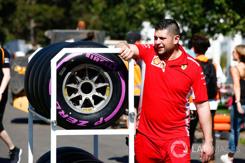 Ferrari engineer with the Pirelli Hypersoft tyres in the paddock