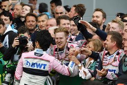 Sergio Perez, Force India celebrates in parc ferme