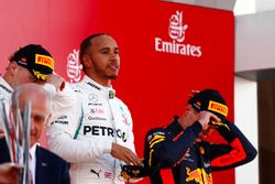 Lewis Hamilton, Mercedes AMG F1, celebrates victory on the podium with Valtteri Bottas, Mercedes AMG F1 and Max Verstappen, Red Bull Racing