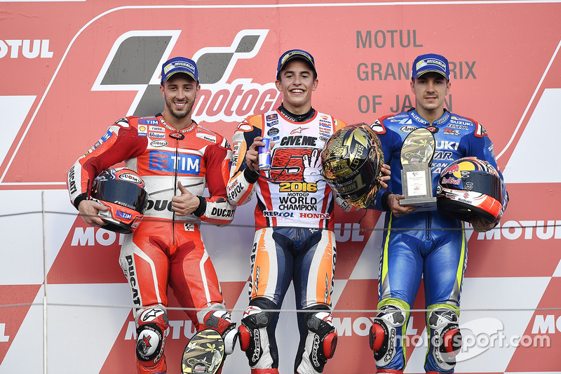 2016 podium with winner Marc Marquez, Andrea Dovizioso and Maverick Vinales