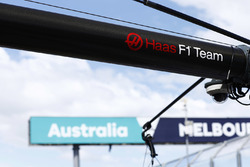 A Haas F1 logo on the team's pit gantry