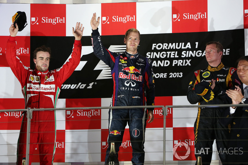 Podium: winner Sebastian Vettel, Red Bull Racing, second place Fernando Alonso, Ferrari, third place