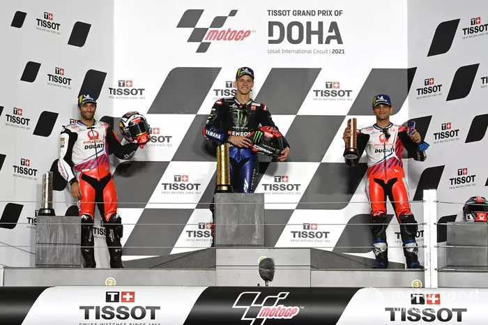 Fabio Quartararo, Johann Zarco et Jorge Martín sur le podium