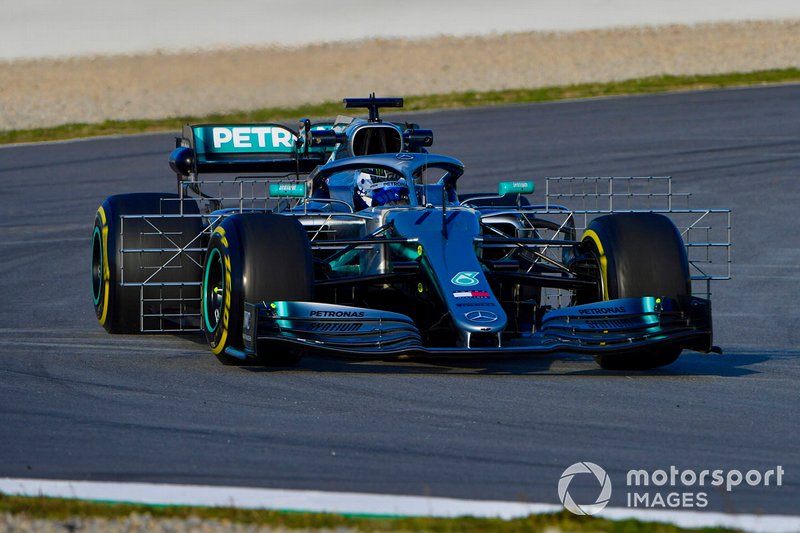 Valtteri Bottas, Mercedes AMG F1 W10, carries a test rig