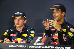 Race winner Daniel Ricciardo, Red Bull Racing (Right) in the FIA Press Conference with team mate Max Verstappen, Red Bull Racing