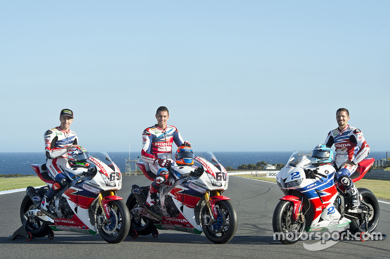 Nicky Hayden, Honda WSBK Team, Michael van der Mark, Honda WSBK Team et P.J. Jacobsen, Honda WSS Team