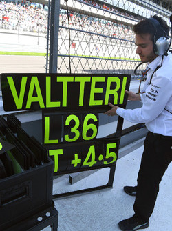 Un ingénieur Mercedes AMG F1 avec le panneau de Valtteri Bottas, Mercedes AMG F1
