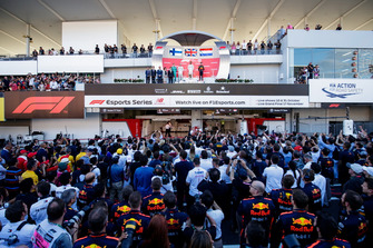 Valtteri Bottas, Mercedes AMG F1, Lewis Hamilton, Mercedes AMG F1, and Max Verstappen, Red Bull Racing, on the podium