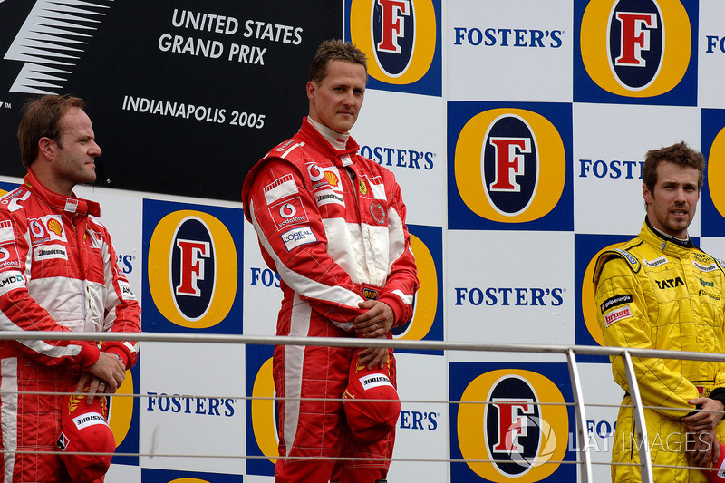 Podium : le vainqueur Michael Schumacher, Ferrari, le deuxième Rubens Barrichello, Ferrari, le troisième Tiago Monteiro, Jordan