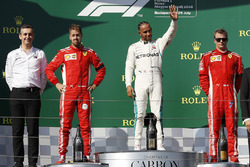 Race winner Lewis Hamilton, Mercedes AMG F1, second place Sebastian Vettel, Ferrari, third place Kimi Raikkonen, Ferrari