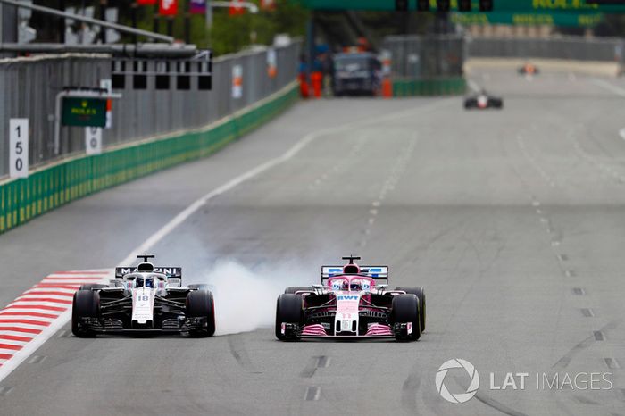 Lance Stroll, Williams FW41 Mercedes y Sergio Perez, Force India VJM11 Mercedes