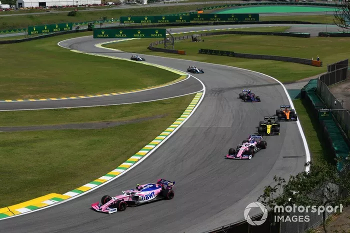 Lance Stroll, Racing Point RP19, Sergio Pérez, Racing Point RP19, Nico Hulkenberg, Renault F1 Team R.S. 19, Carlos Sainz Jr., McLaren MCL34, y Daniil Kvyat, Toro Rosso STR14