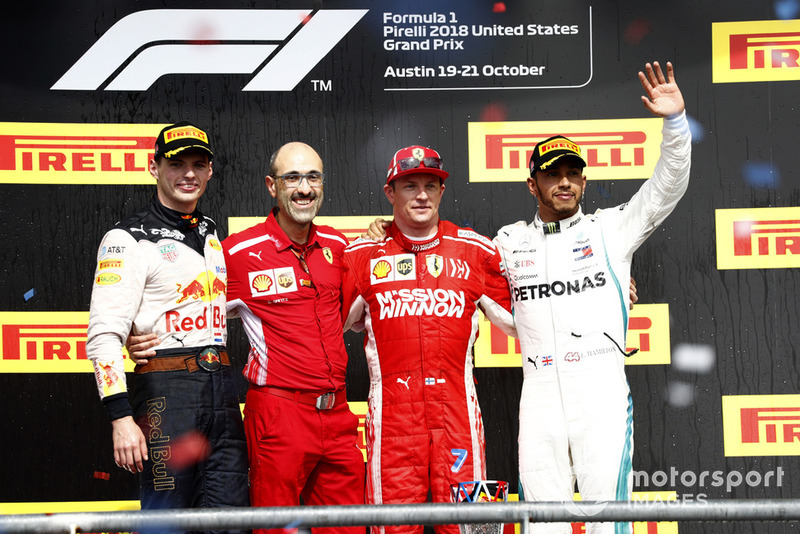 Podio: segundo lugar Max Verstappen, Red Bull Racing, ganador de la carrera Kimi Raikkonen, Ferrari y tercer lugar Lewis Hamilton, Mercedes AMG F1
