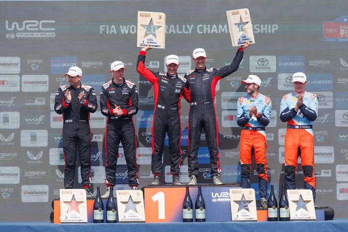 Podium: Winners Sébastien Ogier, Vincent Landais, Toyota Gazoo Racing WRT Toyota GR Yaris Rally1, second place Elfyn Evans, Scott Martin, Toyota Gazoo Racing WRT Toyota GR Yaris Rally1, third place Adrien Fourmaux, Alexandre Coria, Hyundai World Rally Tea