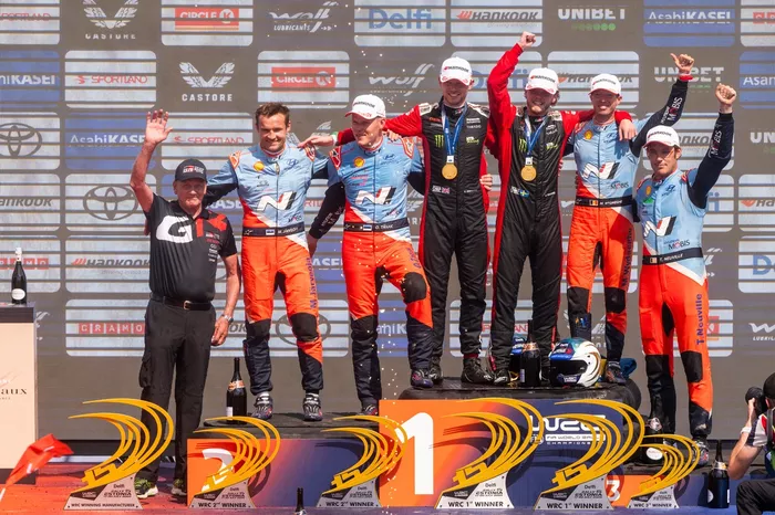 Podium: Winners Oliver Solberg, Elliott Edmondson, Toyota Gazoo Racing WRT Toyota GR Yaris Rally1, second place Ott Tänak, Martin Järveoja, Hyundai World Rally Team Hyundai i20 N Rally1, third place Thierry Neuville, Martijn Wydaeghe, Hyundai World Rally 
