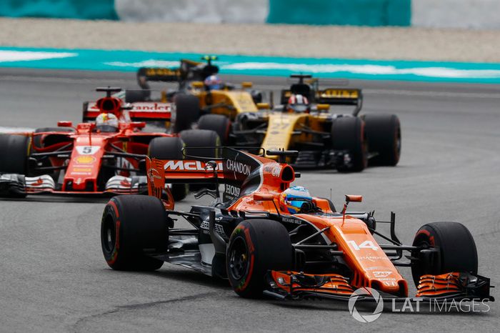 Fernando Alonso, McLaren MCL32, Sebastian Vettel, Ferrari SF70H, Nico Hulkenberg, Renault Sport F1 Team RS17, Jolyon Palmer, Renault Sport F1 Team RS17
