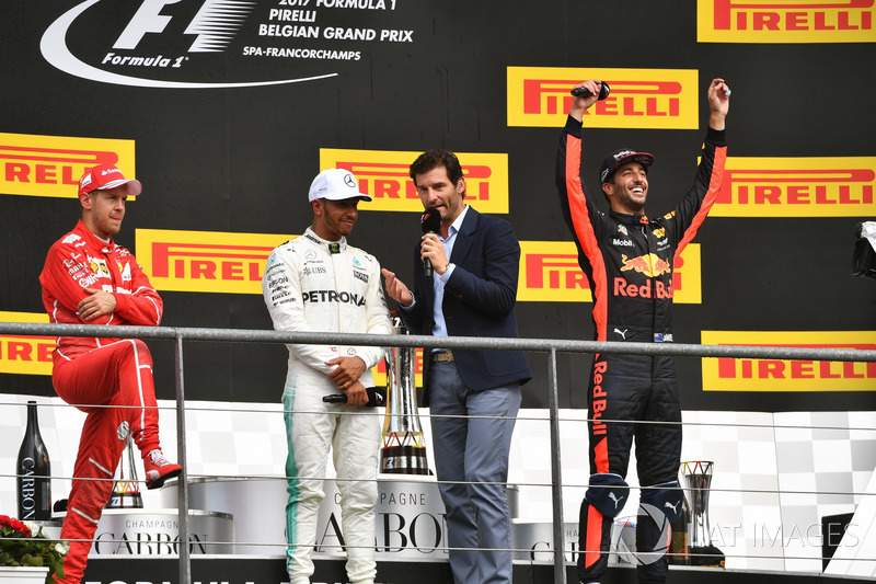 Sebastian Vettel, Ferrari, Lewis Hamilton, Mercedes AMG F1, Mark Webber, Daniel Ricciardo, Red Bull Racing on the podium