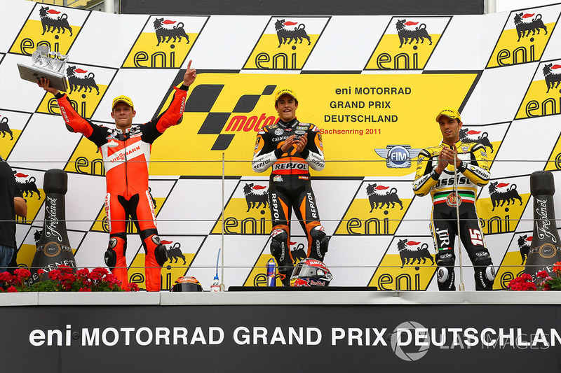 Podium: winner Marc Marquez, second place Stefan Bradl, third place Alex de Angelis