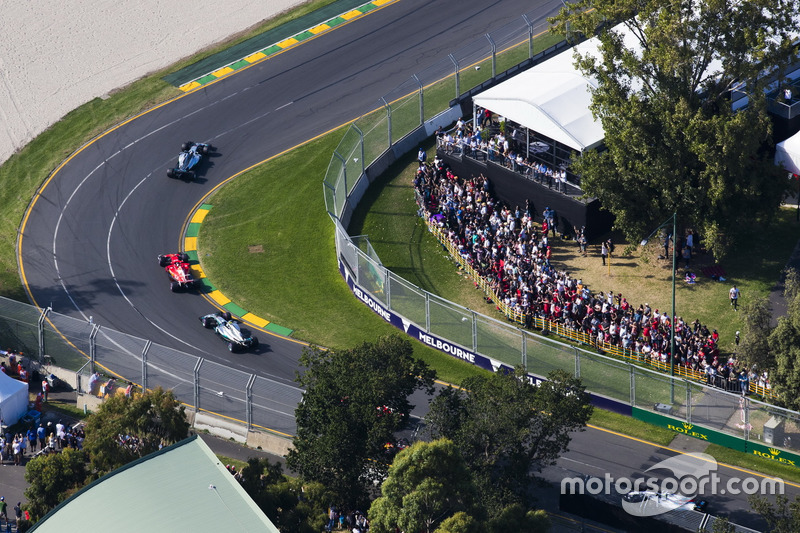 Lewis Hamilton, Mercedes AMG F1 W08, leads Sebastian Vettel, Ferrari SF70H, and Valtteri Bottas, Mercedes AMG F1 W08