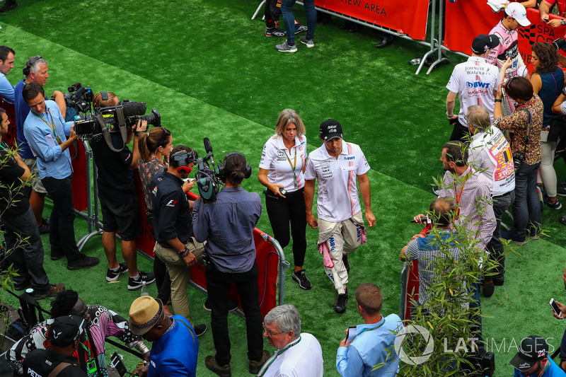 Sergio Perez, Sahara Force India and Esteban Ocon, Sahara Force India in the media interview area
