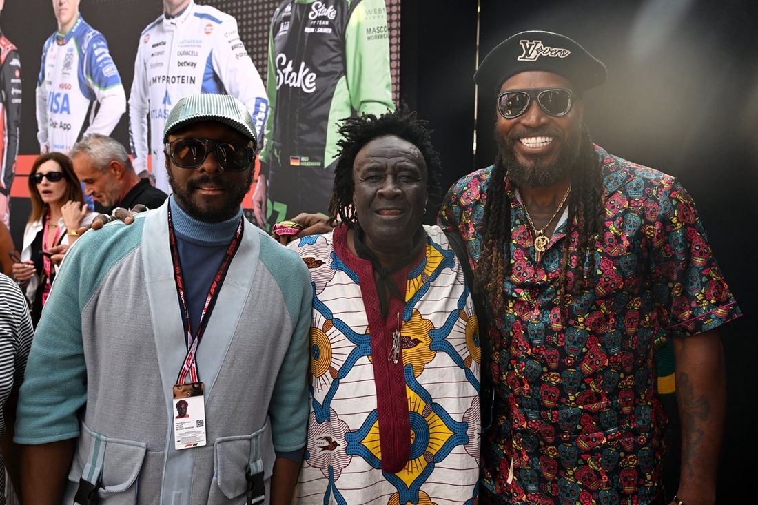 will.i.am with Moko and Chris Gayle in the Paddock 