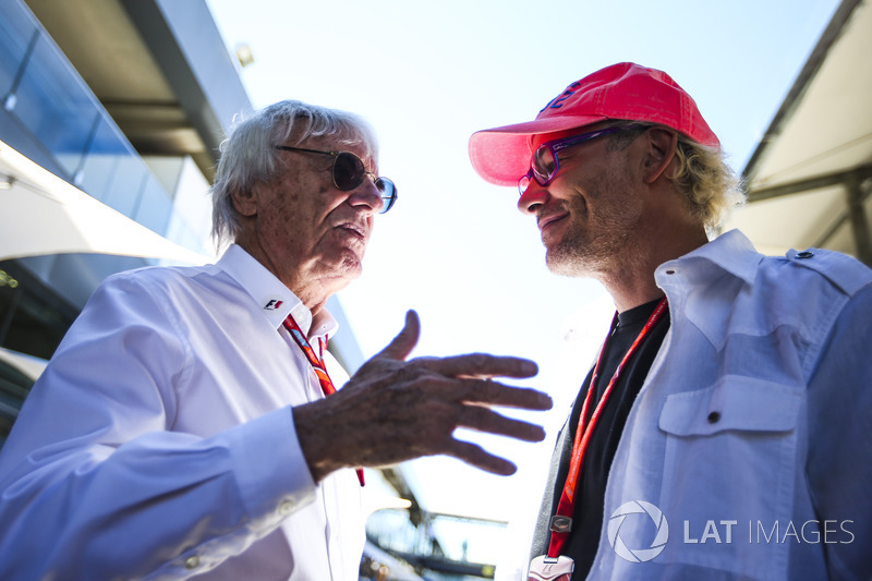 Bernie Ecclestone, Chairman Emeritus of Formula 1, with former champion Jacques Villeneuve