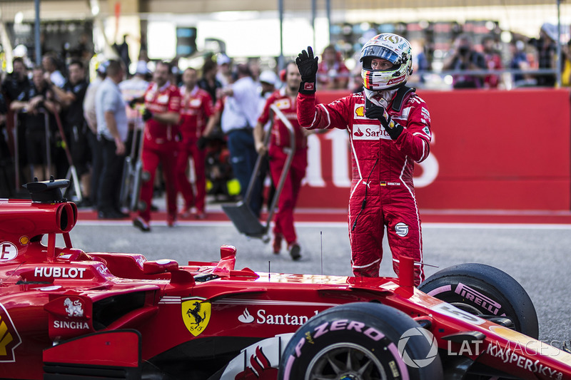 Sebastian Vettel, Ferrari celebrates in parc ferme