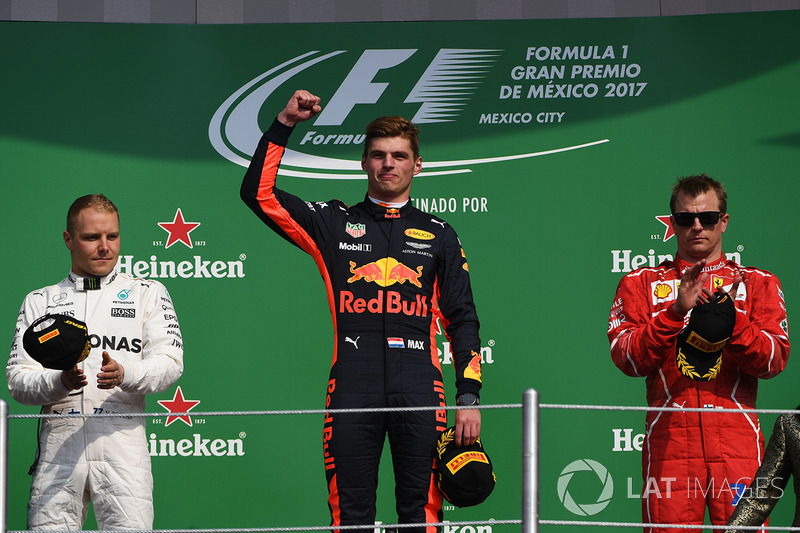 18º Podio del GP de México 2017 - 2º Valtteri Bottas, Mercedes, 1º Max Verstappen, Red Bull; 3º Kimi Raikkonen, Ferrari