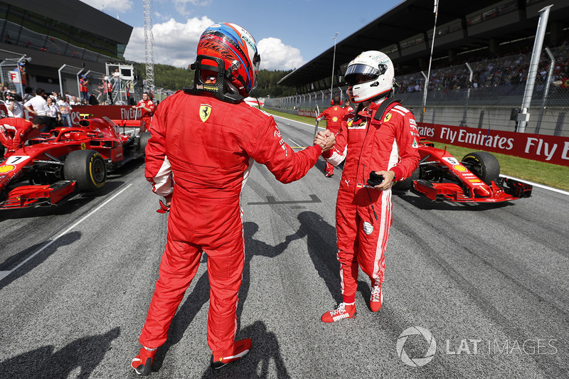 Second place Kimi Raikkonen, Ferrari, third place Sebastian Vettel, Ferrari