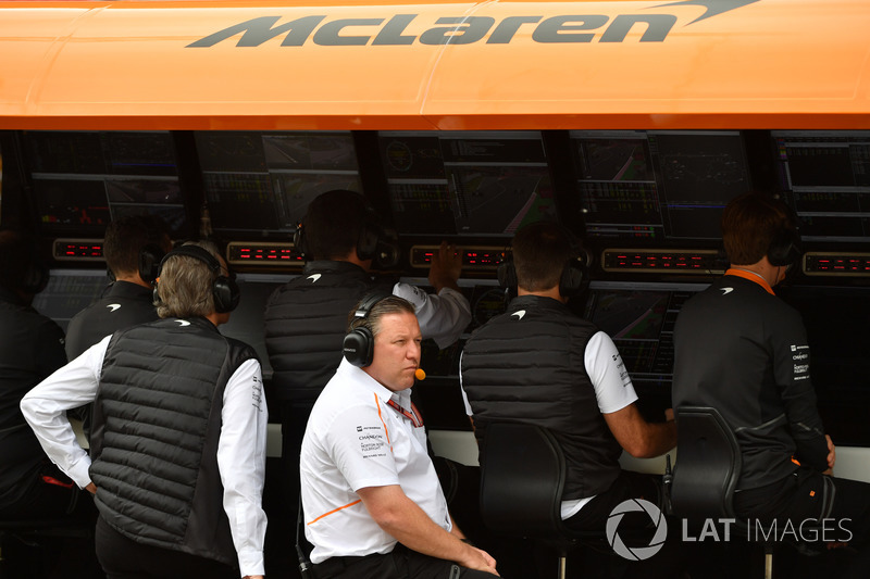 Zak Brown, McLaren Racing CEO on the McLaren pit wall gantry