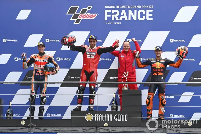 Podio: segundo lugar Alex Márquez, Repsol Honda Team, ganador Danilo Petrucci, Ducati Team, tercer lugar Pol Espargaró, Red Bull KTM Factory Racing