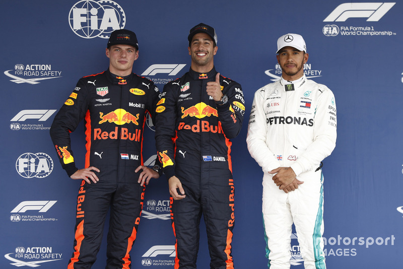 Top3 Qualifiche: il secondo qualificato Max Verstappen, Red Bull Racing, il poleman Daniel Ricciardo, Red Bull Racing, e il terzo qualificato Lewis Hamilton, Mercedes AMG F1
