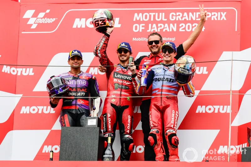 Francesco Bagnaia, Ducati Team, Jorge Martin, Pramac Racing, Marc Marquez, Gresini Racing Team podium finish